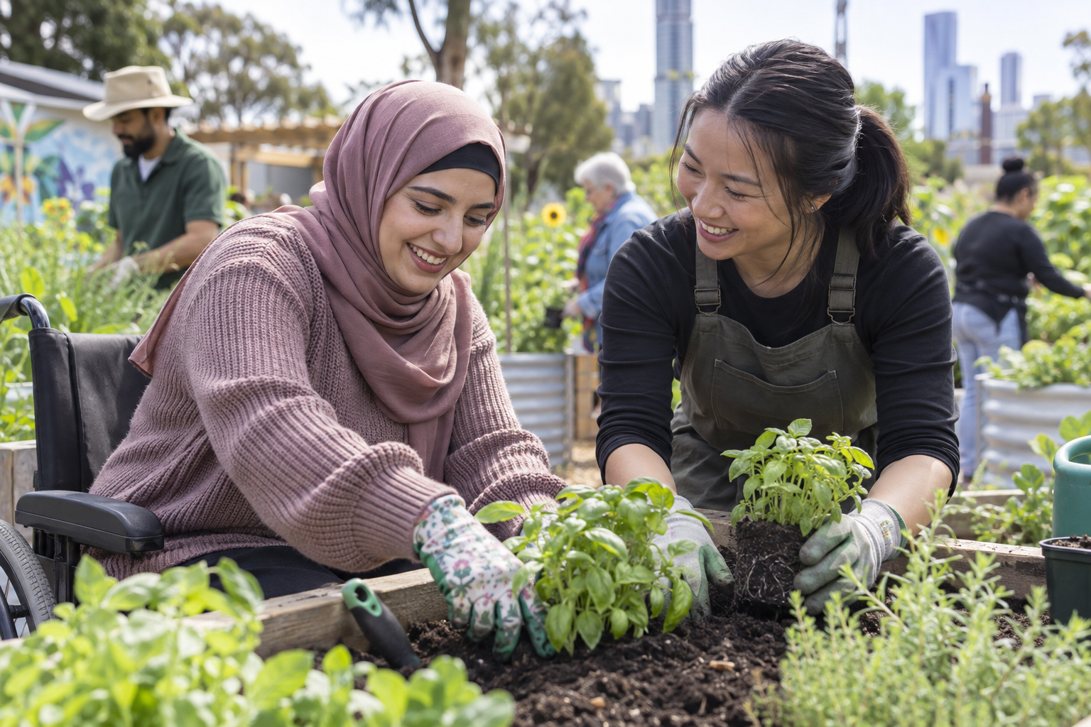 A participant and support professional gardening together in an accessible community garden