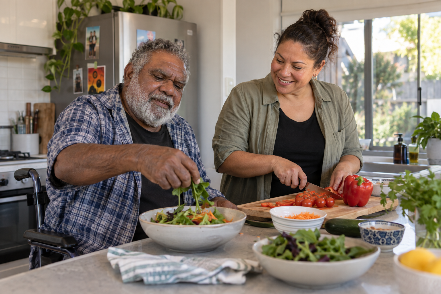 A participant and support professional preparing a healthy meal together at home