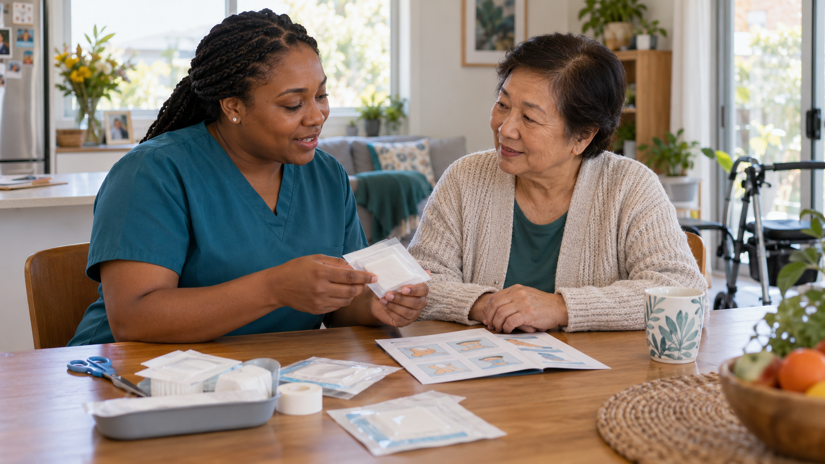 A Registered Nurse explaining wound-care supplies to an older participant at home